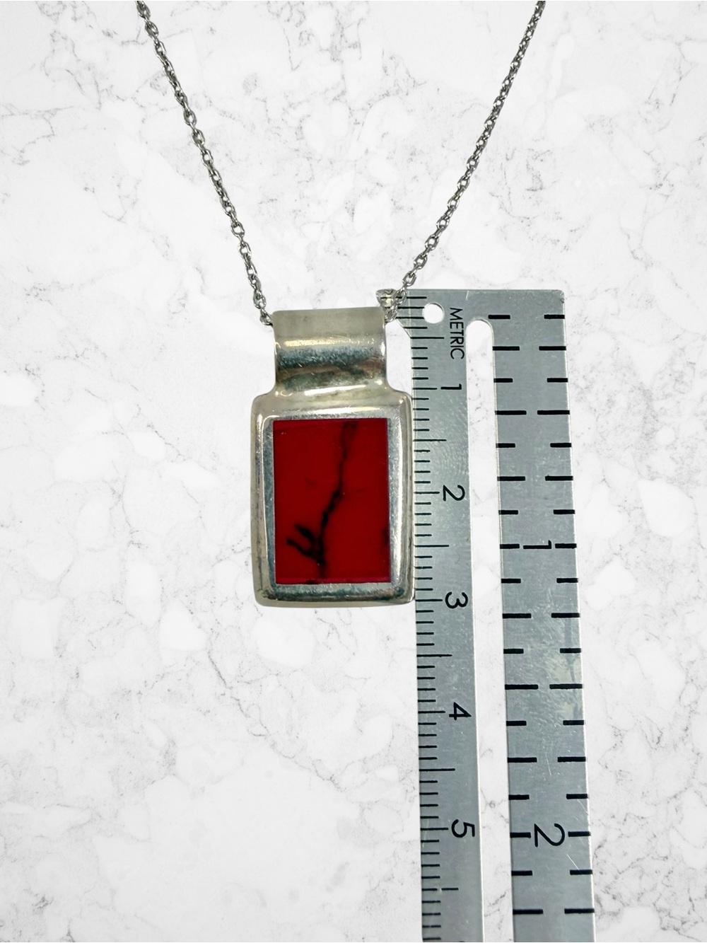 Sterling Silver 925 Mexico Red Jasper Gemstone Pendant Necklace Rectangle 18” - Picture 5 of 11